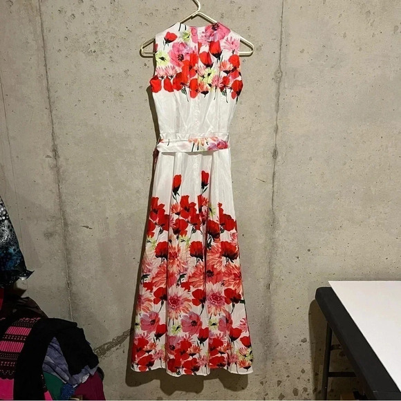 Samuel Dong White Red Floral Floor Length Maxi Dress Sleeveless Size L NWT - Picture 7 of 12